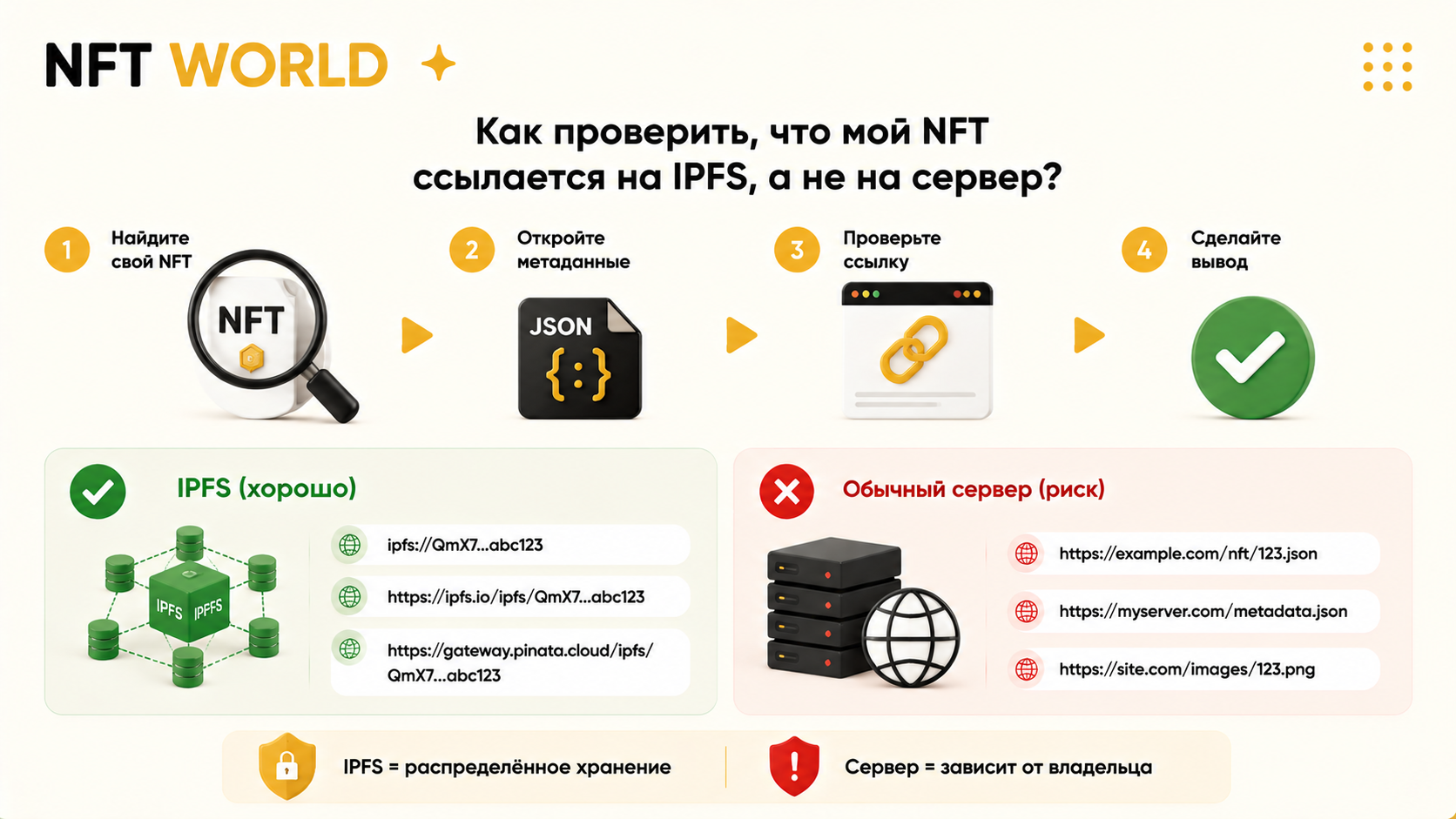 Как проверить, что мой NFT действительно ссылается на IPFS, а не на центральный сервер?