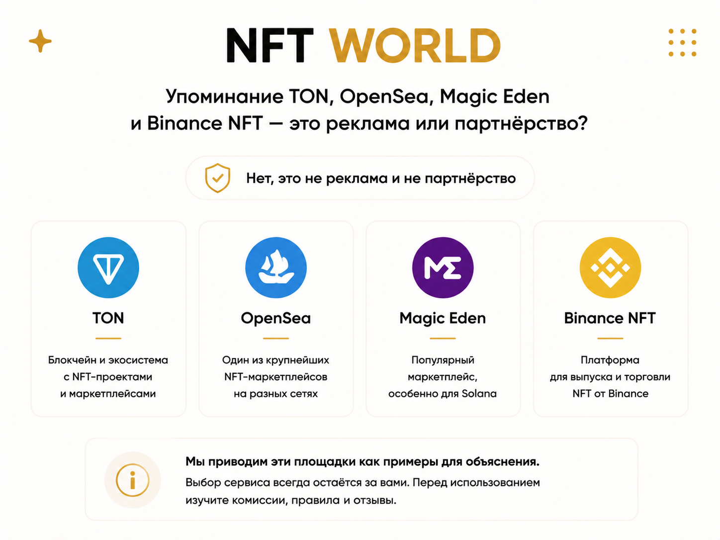 На сайте упоминаются TON, OpenSea, Magic Eden и Binance NFT. Это реклама или партнёрство?