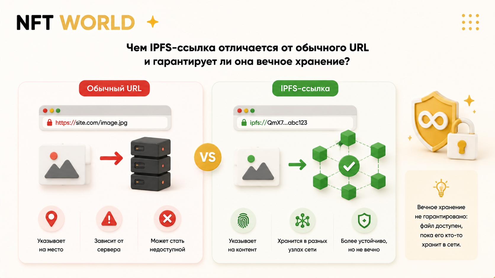 Чем IPFS-ссылка отличается от обычного URL и гарантирует ли она вечное хранение?