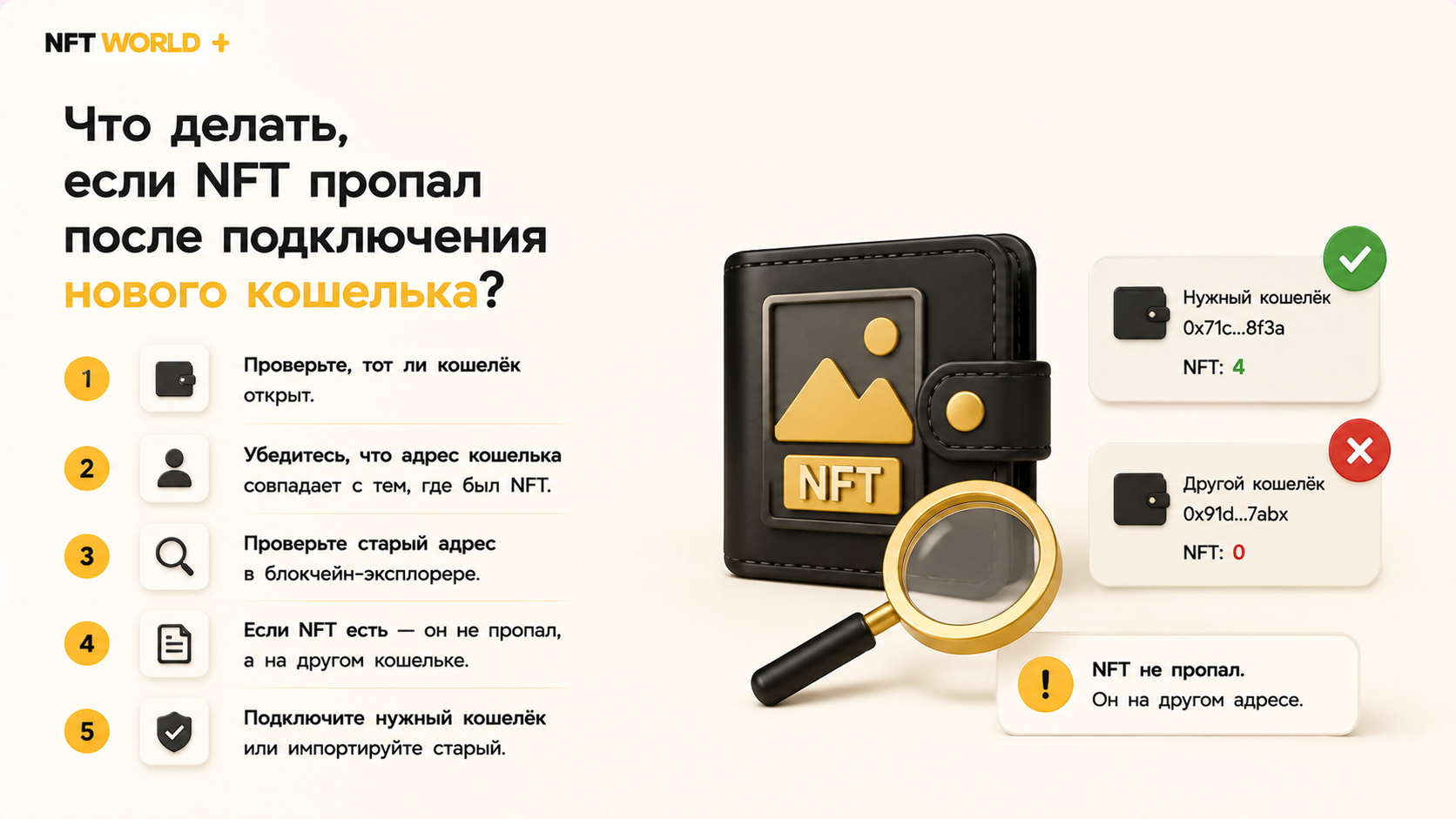 >Что делать, если NFT пропал после подключения нового кошелька?