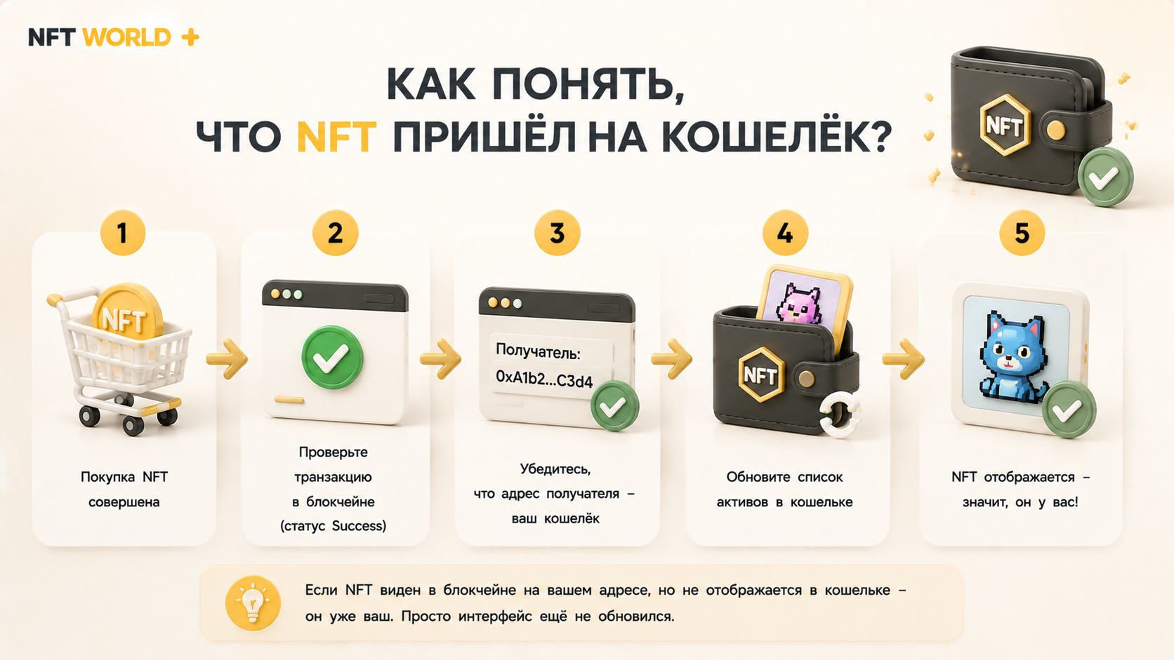 Как понять, что NFT пришёл на кошелёк после покупки?